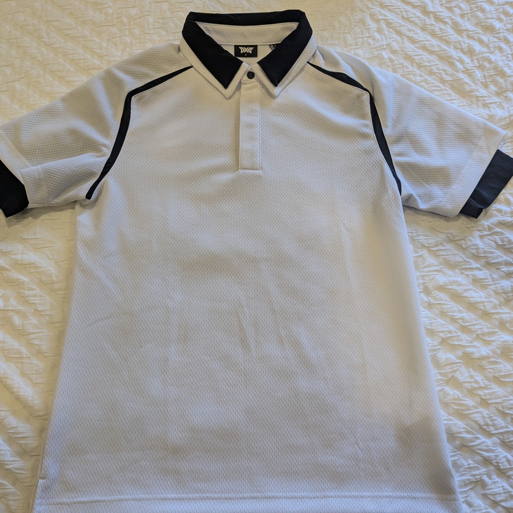 PXG White Golf Polo with Black Contrast Collar and Sleeve Trim